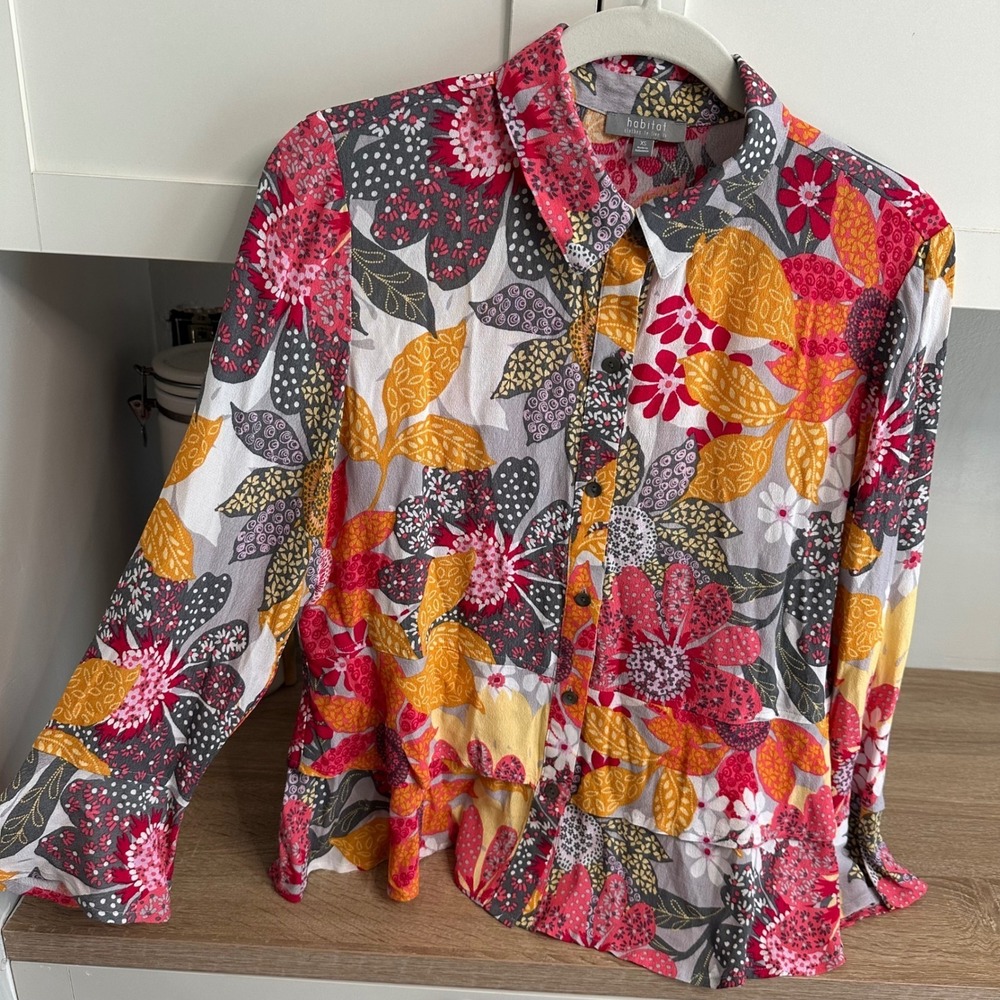 Habitat Art To Wear Button Down Blouse Womens XS Floral Ruffle Tiered Lagenlook